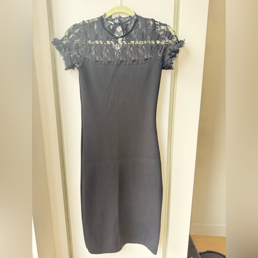 Classic Black Midi Dress with Lace Yoke